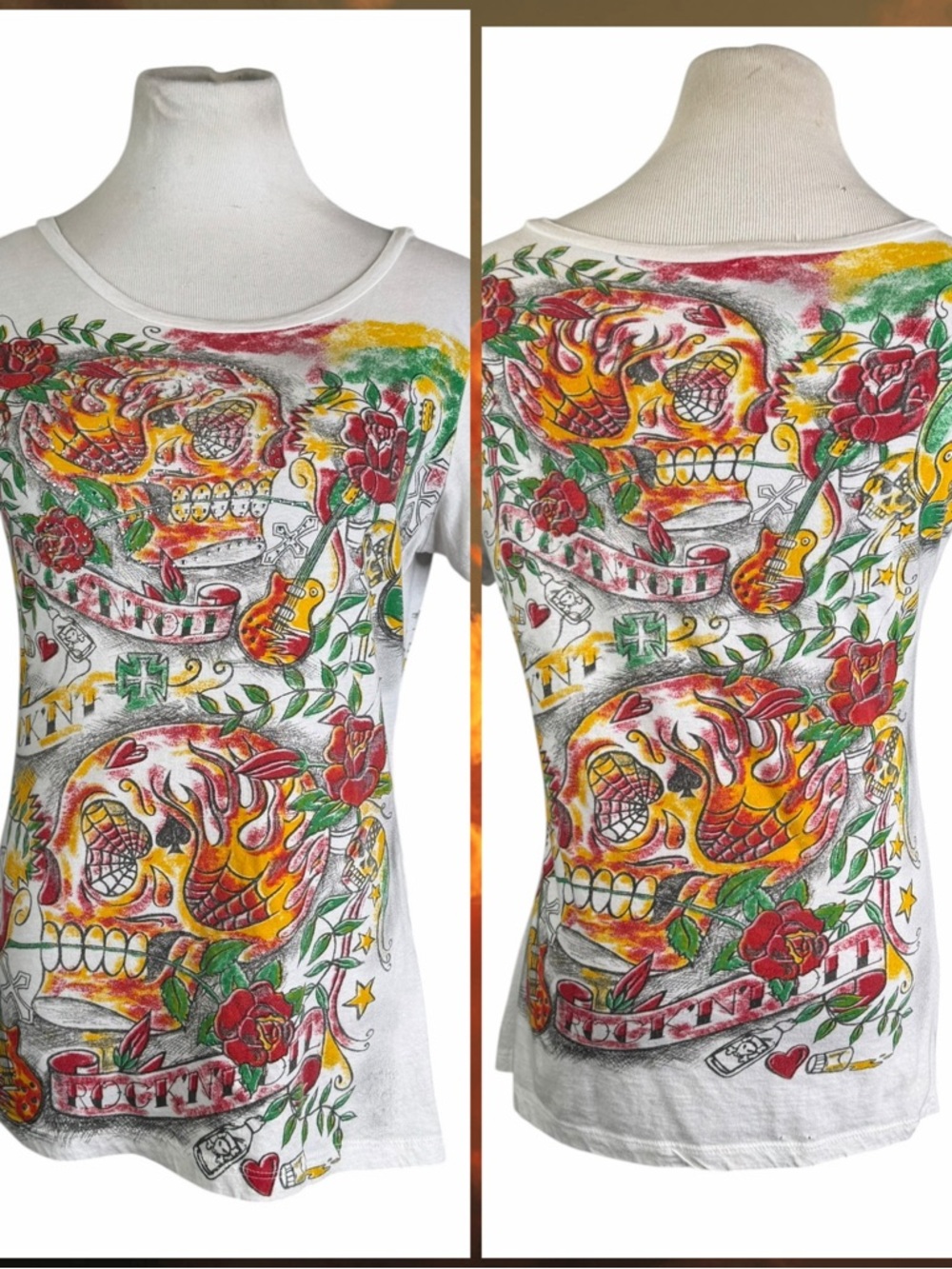 Vocal White, Red, Yellow & Green Rhinestone Skull Graphic Tee - Size XL